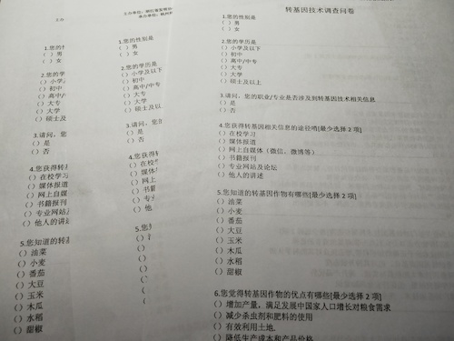 七月十五日 生命与环境科学学院 “走近转基因”调研小分队 纸质问卷成稿